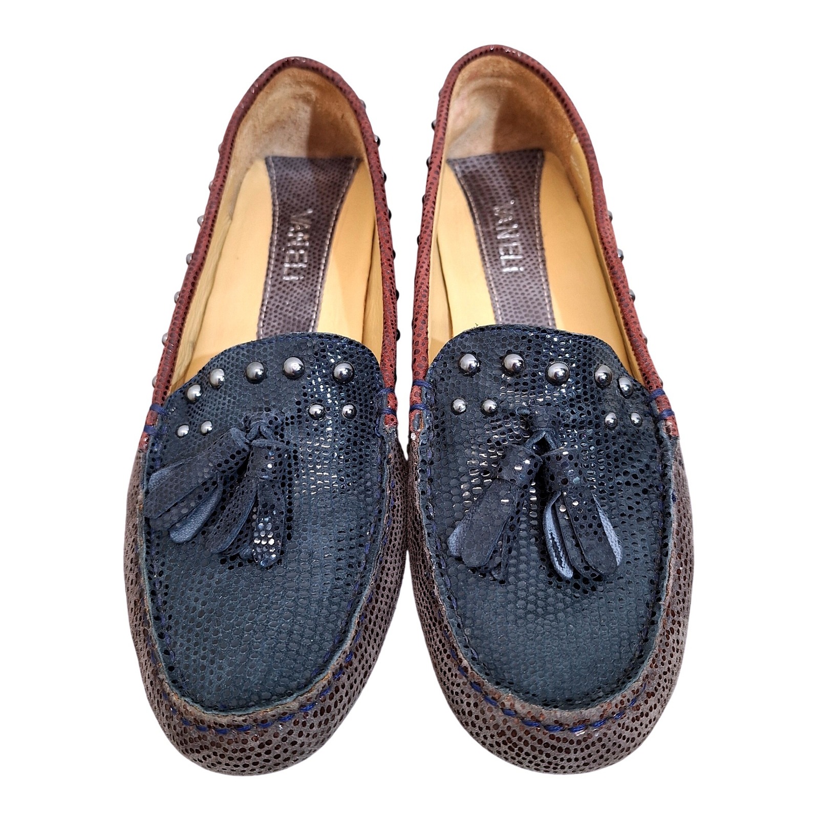 Vaneli Women's 6.5m Studded Leather Driving Loafers Grey Navy Rust Perforated